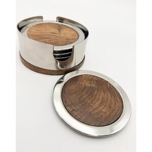 VTG MCM Round Walnut Wood Coasters Set 4 Stainless Steel Holder Barware Cocktail